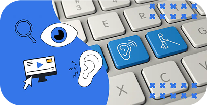 Ilustração de teclado com ícones de acessibilidade visual e auditiva.